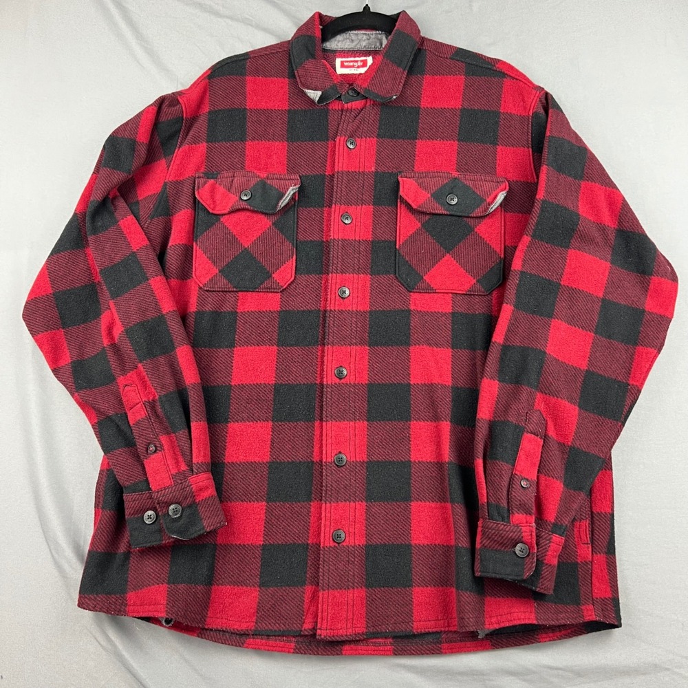 Wrangler Fleece Shirt Jacket Mens Large Red Black Buffalo Plaid Shacket Good